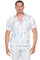 A man wears a blue and white floral Men's Textured Seersucker Resort Shirt.