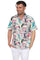 Man wears the textured seersucker resort shirt with a colorful festive print.