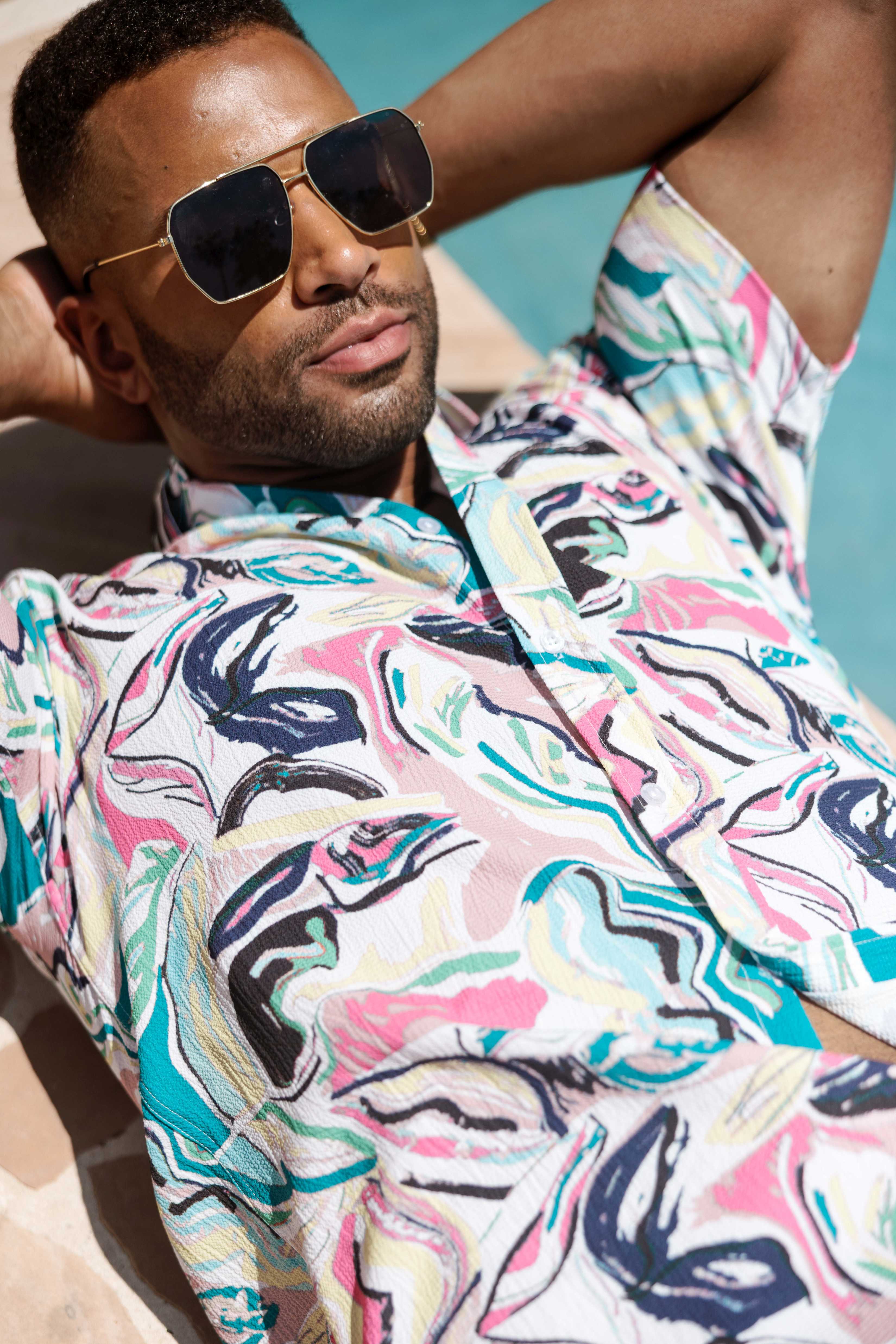 Mojito Men's Resort Style Casual Festive Print Searsucker Textured Shirt