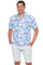 Front view of a man wearing the Menâ€™s Textured Seersucker Resort Shirt with a blue and purple ribbon print.