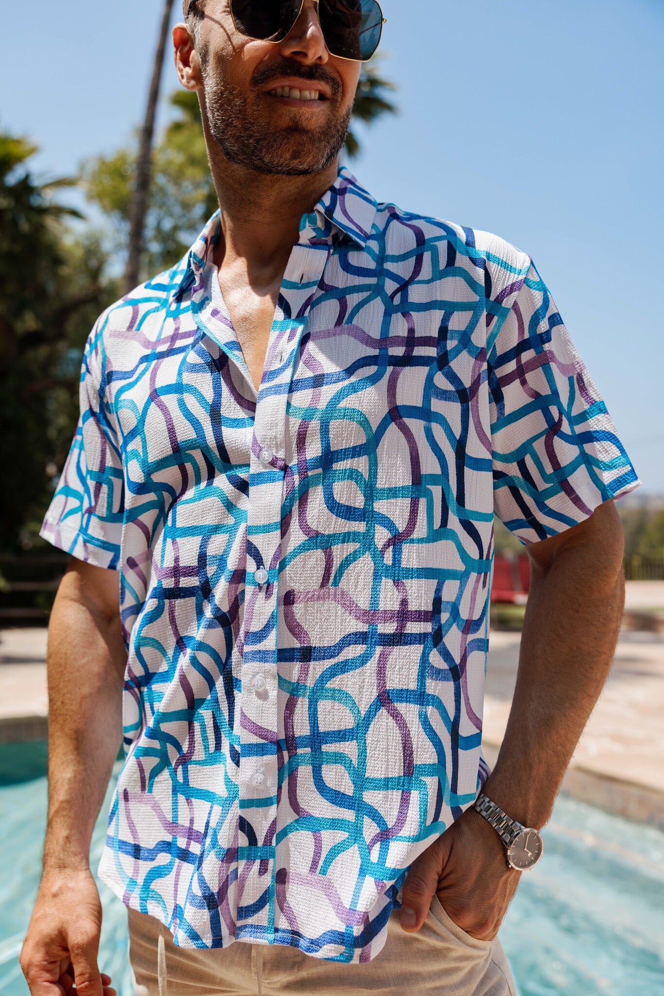 Mojito Men's Resort Style Casual Festive Print Searsucker Textured Shirt