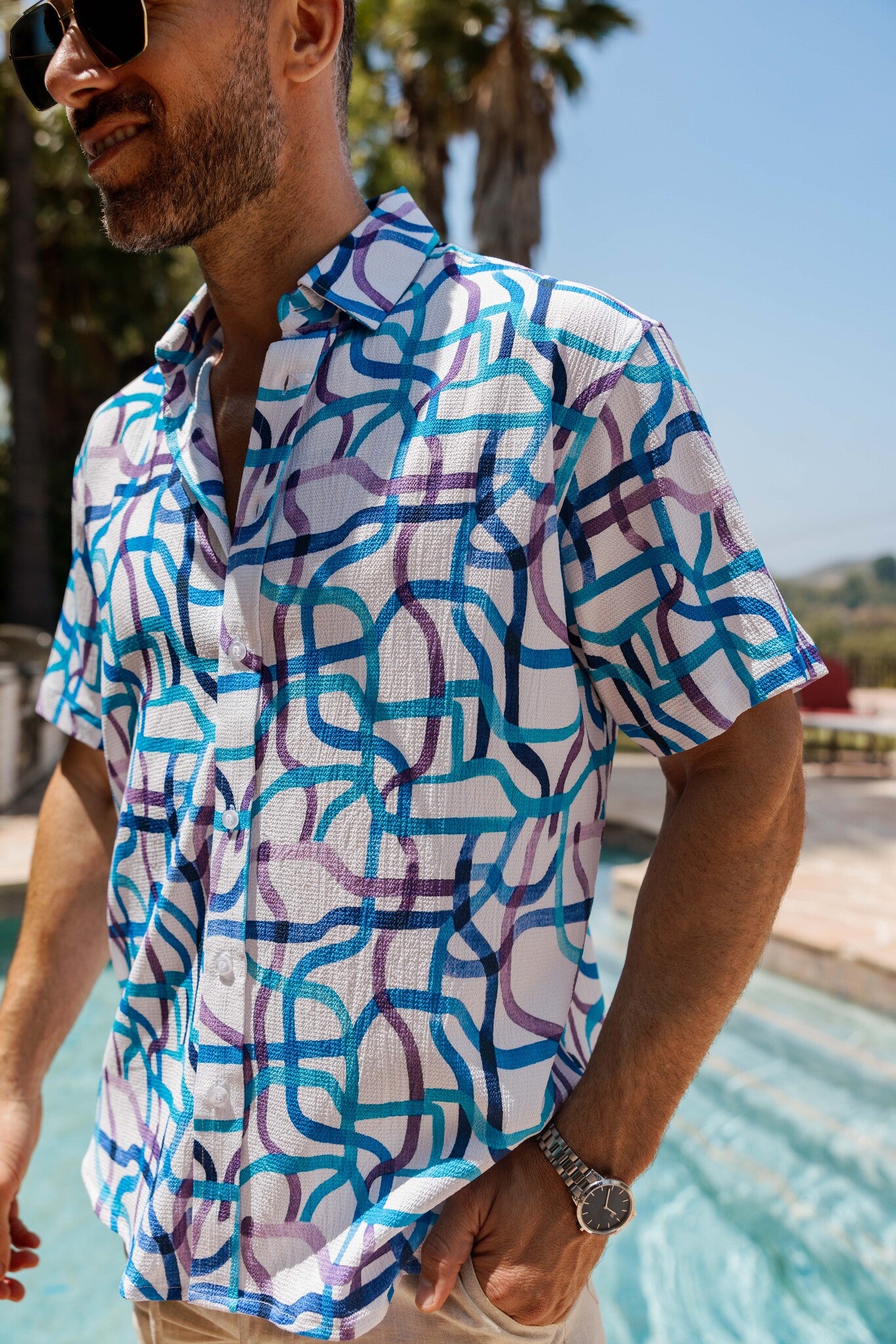 Mojito Men's Resort Style Casual Festive Print Searsucker Textured Shirt