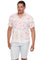 A man models the Menâ€™s Textured Seersucker Resort Shirt; it's white with pastel diamonds.