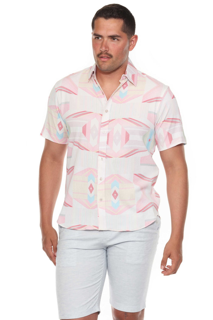 A smiling man wading in a pool wears the white and blue print Menâ€™s Textured Seersucker Resort Shirt.