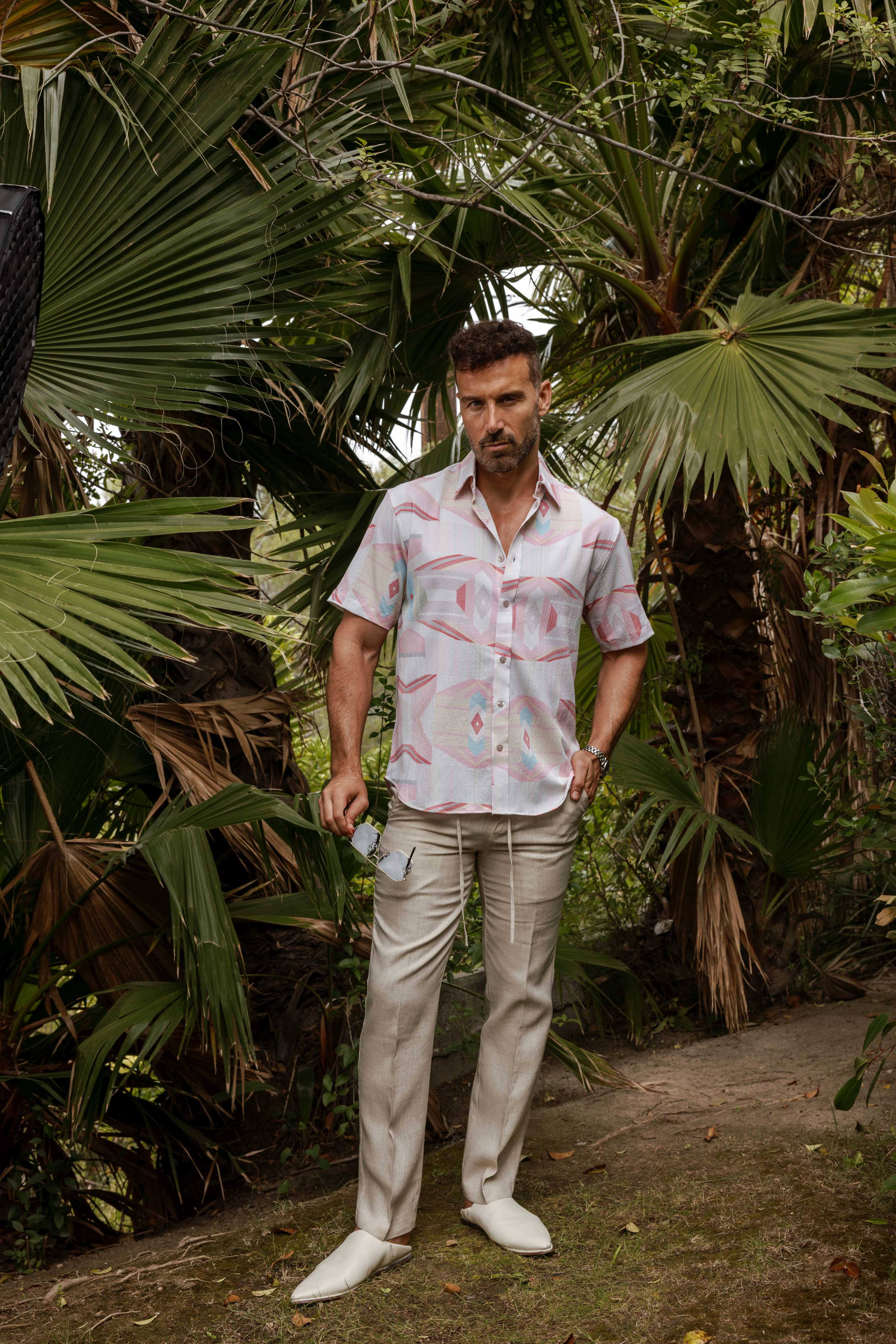 Mojito Men's Resort Style Casual Festive Print Searsucker Textured Shirt