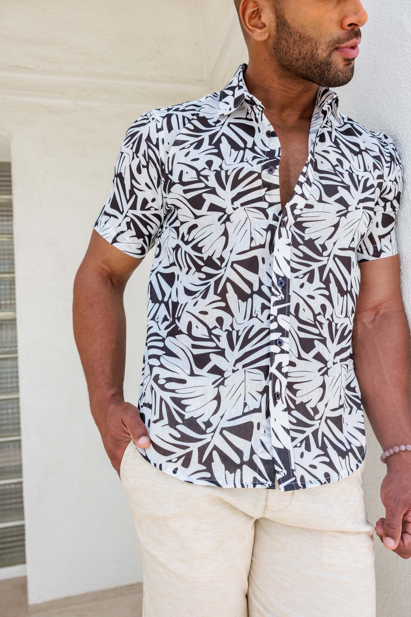 Mojito Men's Resort Style Casual Linen-Look Modern Print Shirt