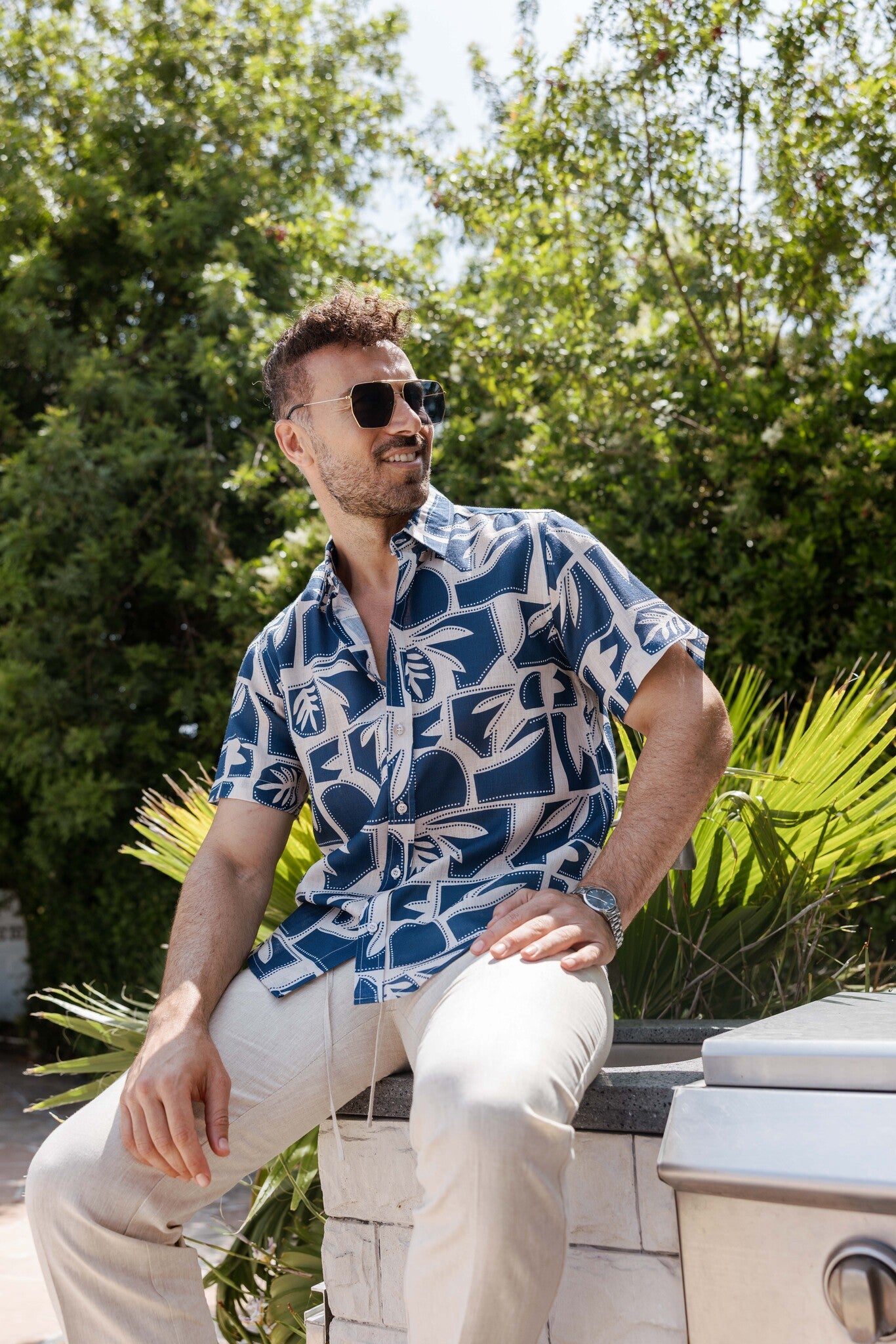 Mojito Men's Resort Style Casual Linen-Look Modern Print Shirt