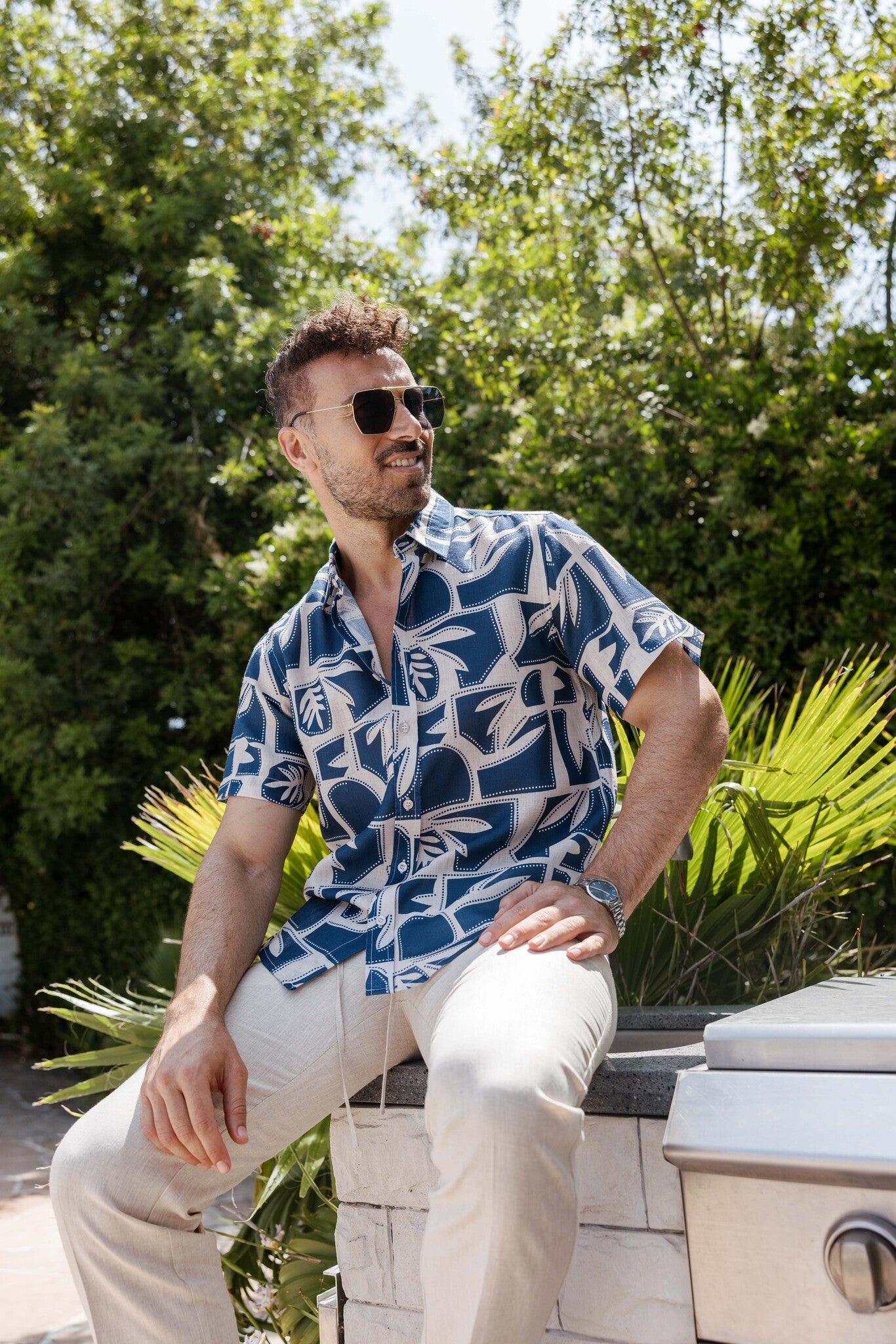 Mojito Men's Resort Style Casual Linen-Look Modern Print Shirt