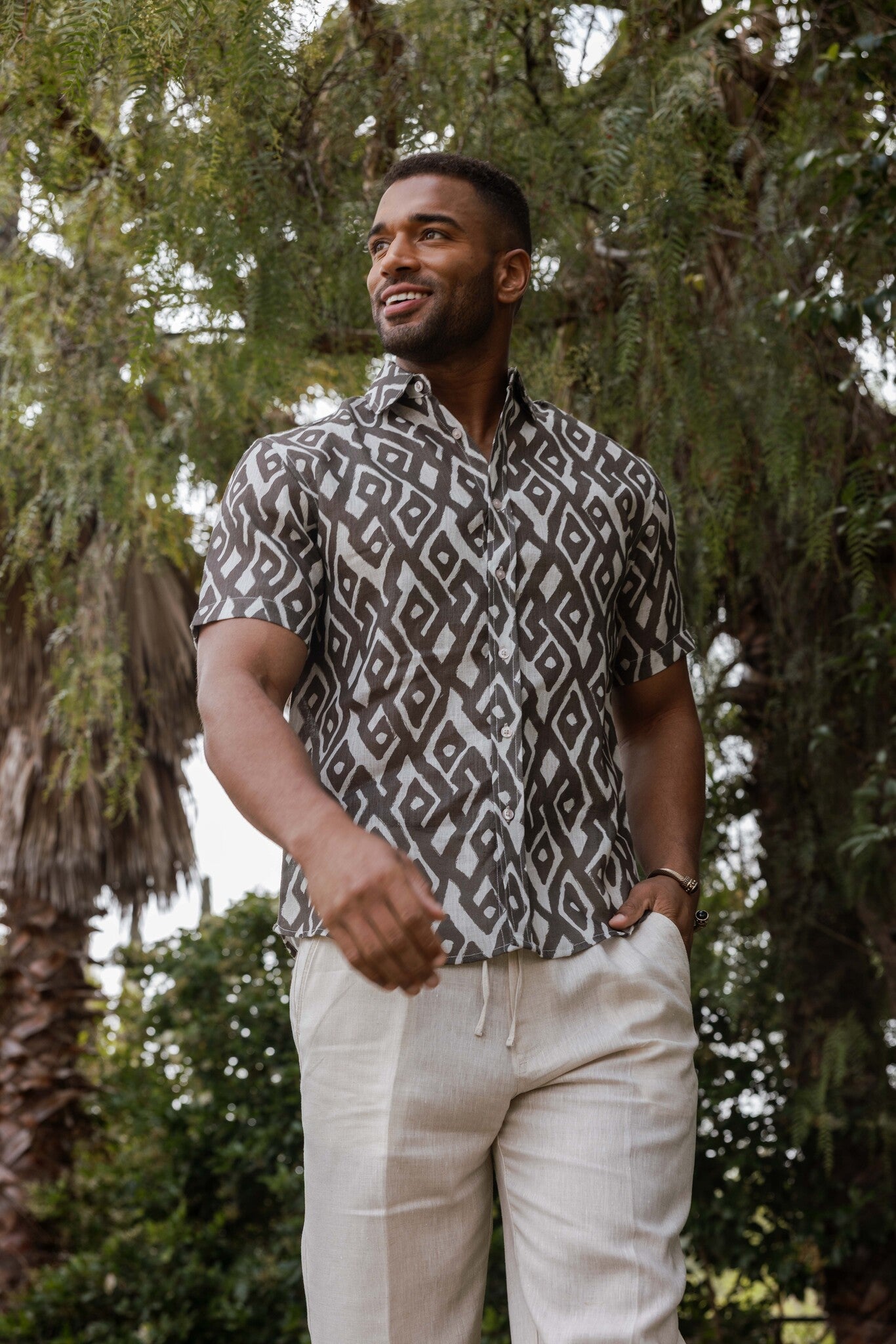 Mojito Men's Resort Style Casual Linen-Look Modern Print Shirt