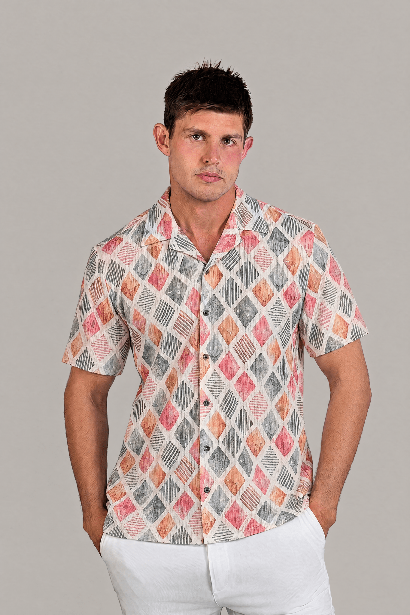 Diamond Watercolor Print Camp Shirt Short Sleeve