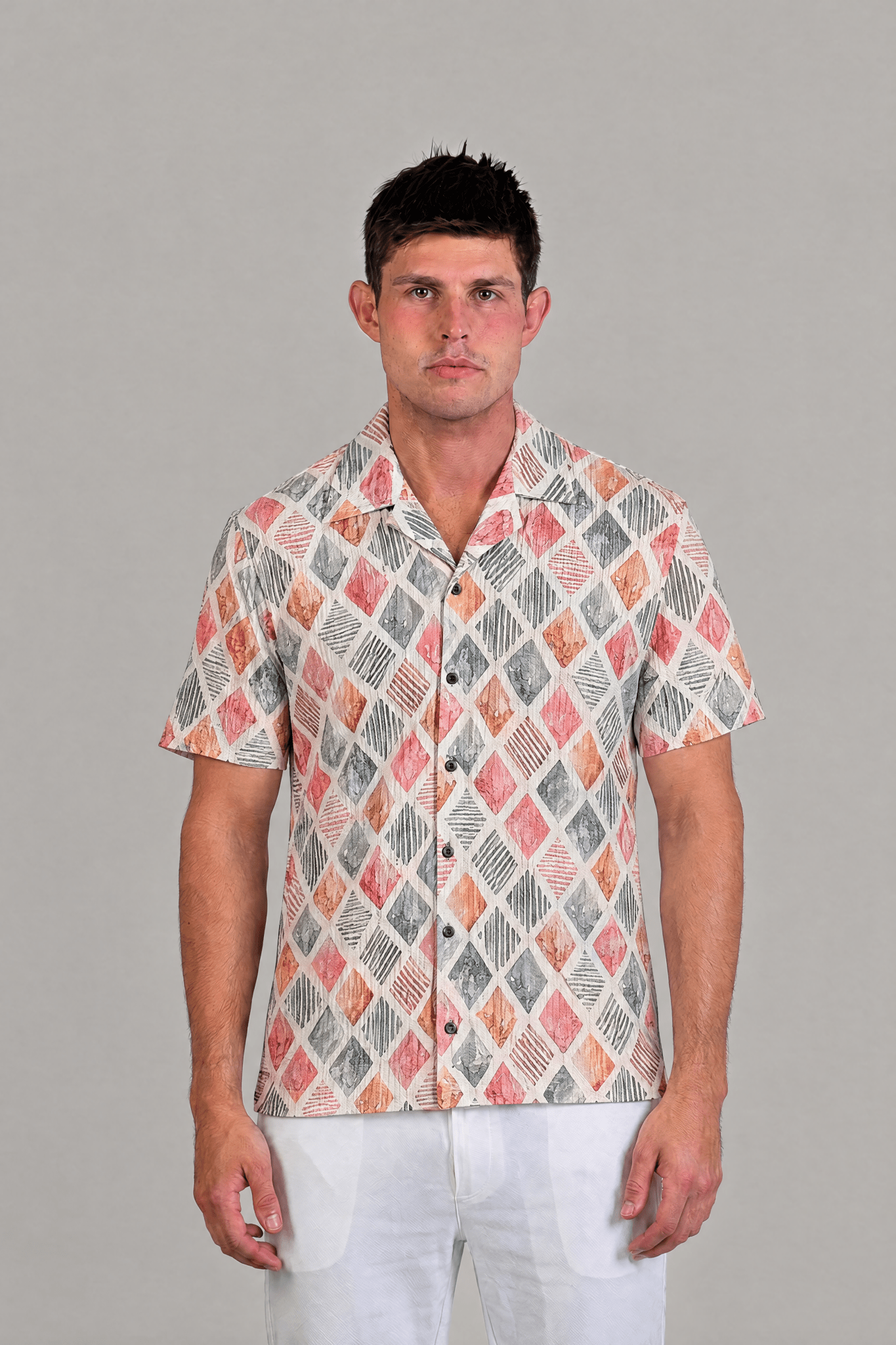 Diamond Watercolor Print Camp Shirt Short Sleeve