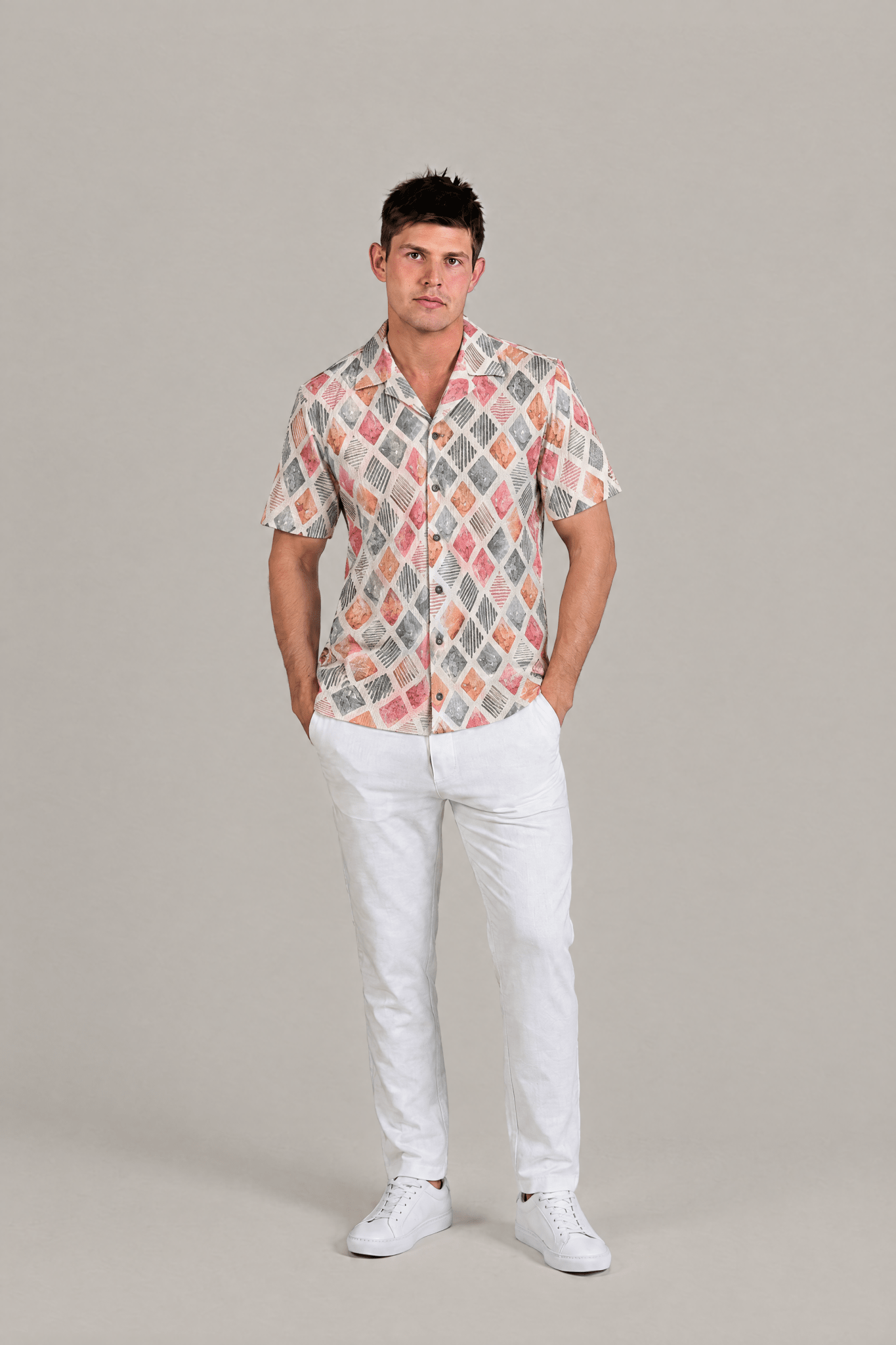 Diamond Watercolor Print Camp Shirt Short Sleeve
