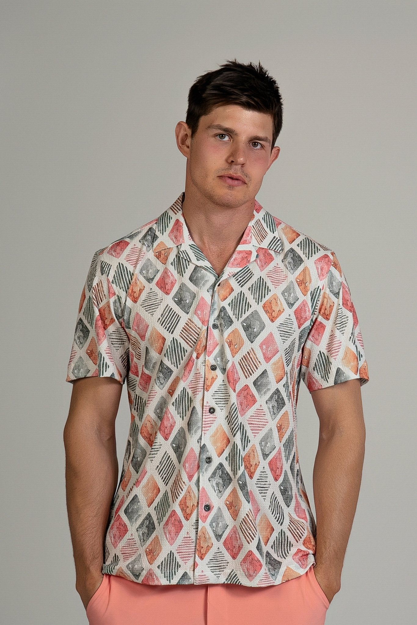 Diamond Watercolor Print Camp Shirt Short Sleeve