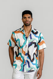 Abstract Wave Print Ribbed Button-Down Shirt Short Sleeve