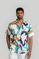 Abstract Wave Print Ribbed Button-Down Shirt Short Sleeve