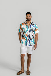 Abstract Wave Print Ribbed Button-Down Shirt Short Sleeve