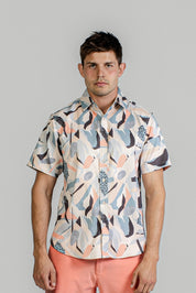 Abstract Collage Print Ribbed Button-Down Shirt Short Sleeve