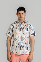 Abstract Collage Print Ribbed Button-Down Shirt Short Sleeve