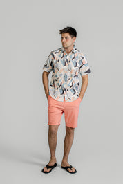 Abstract Collage Print Ribbed Button-Down Shirt Short Sleeve