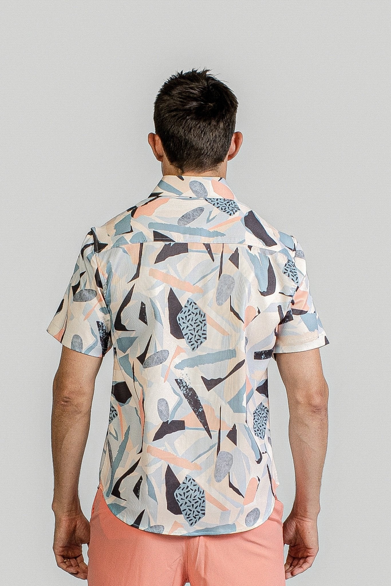 Abstract Collage Print Ribbed Button-Down Shirt Short Sleeve