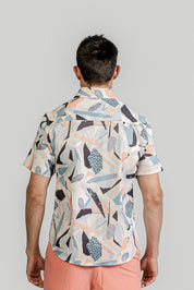 Abstract Collage Print Ribbed Button-Down Shirt Short Sleeve