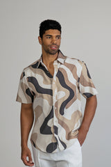 Abstract Print Ribbed Button-Down Shirt Short Sleeve
