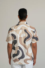 Abstract Print Ribbed Button-Down Shirt Short Sleeve