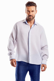 Camisa informal de lino 100 % con diseño de bloques multicolor y manga larga
