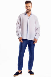 Camisa informal de lino 100 % con diseño de bloques multicolor y manga larga