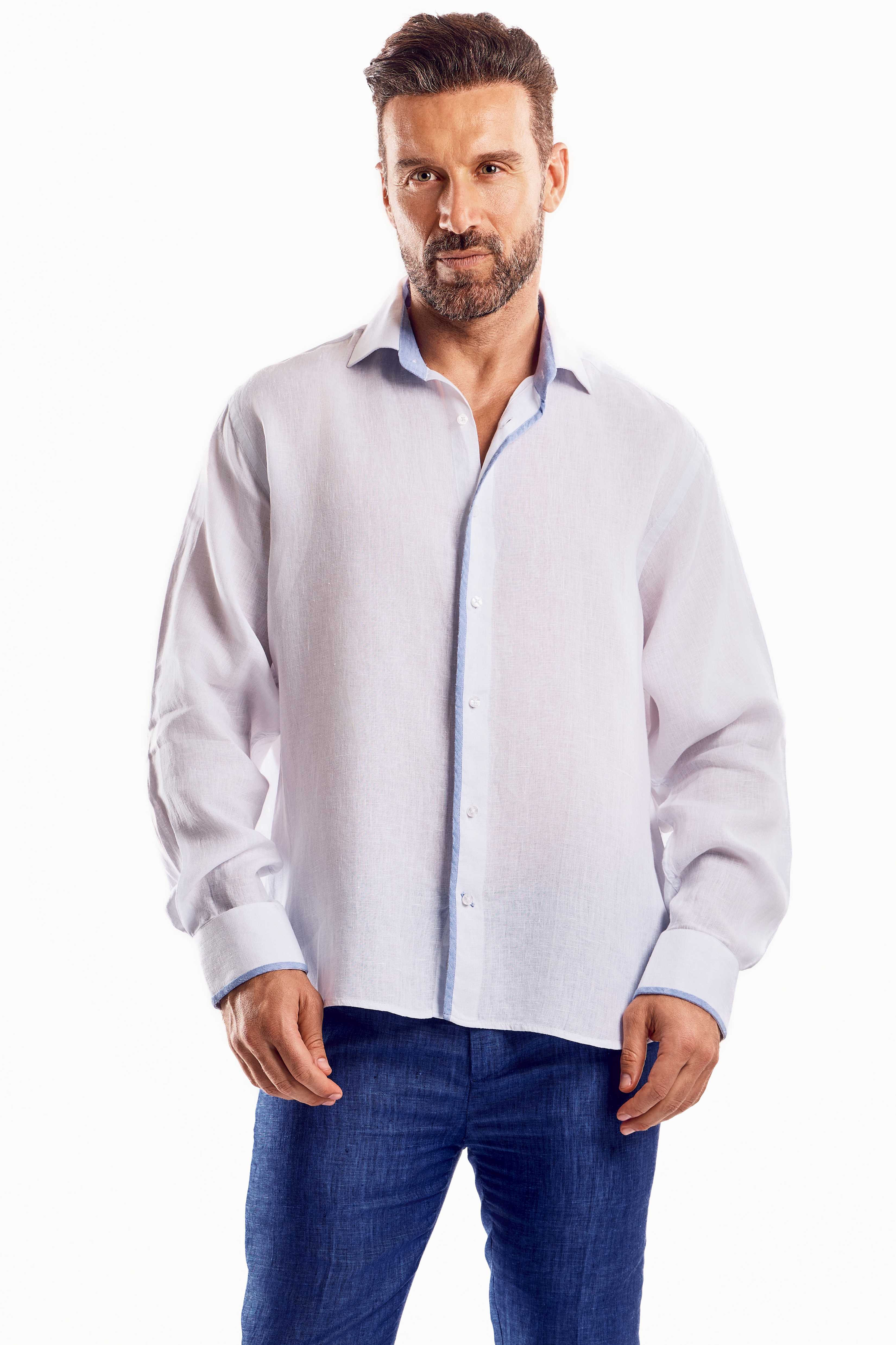 Camisa informal de lino 100 % con diseño de bloques multicolor y manga larga