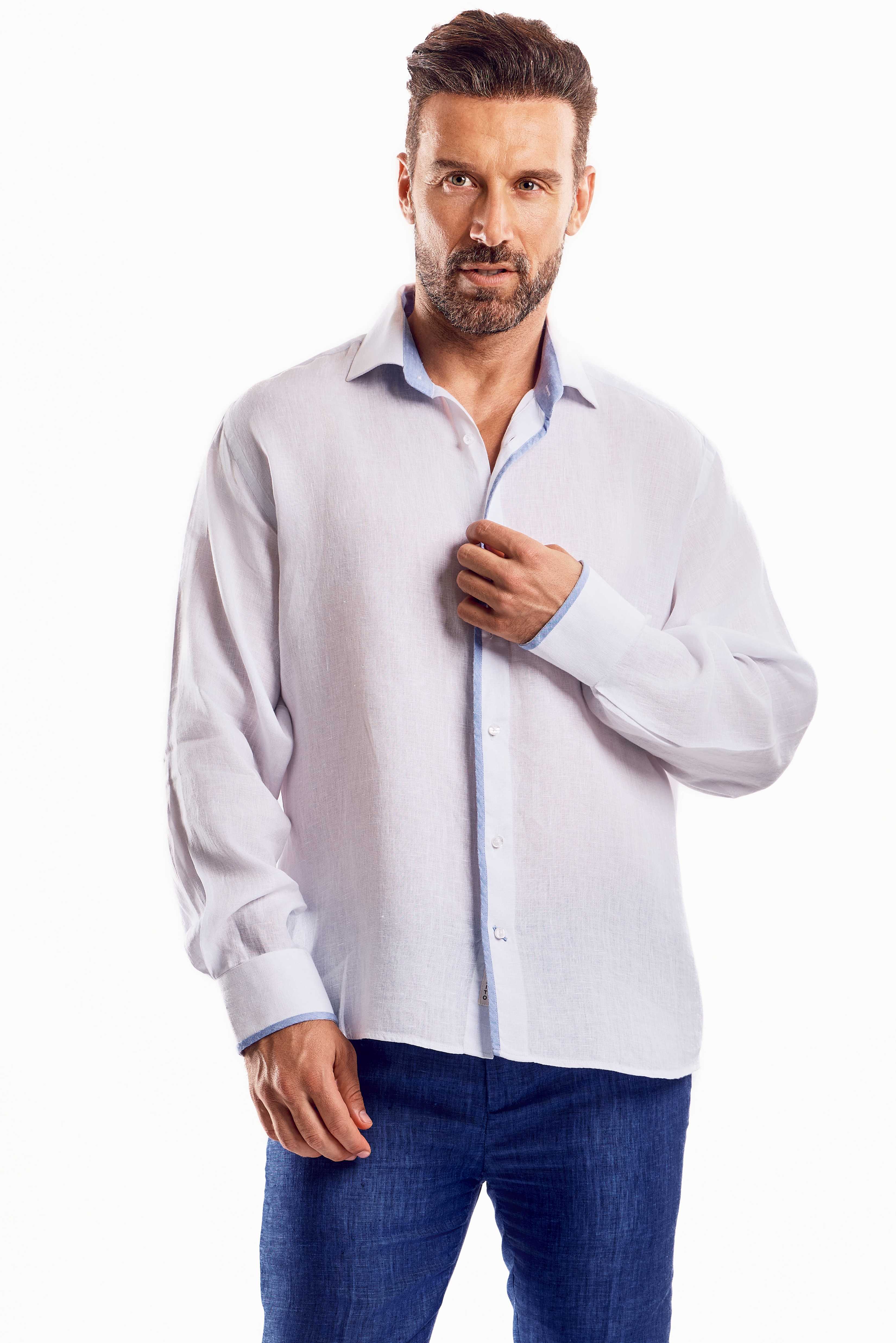 Camisa informal de lino 100 % con diseño de bloques multicolor y manga larga