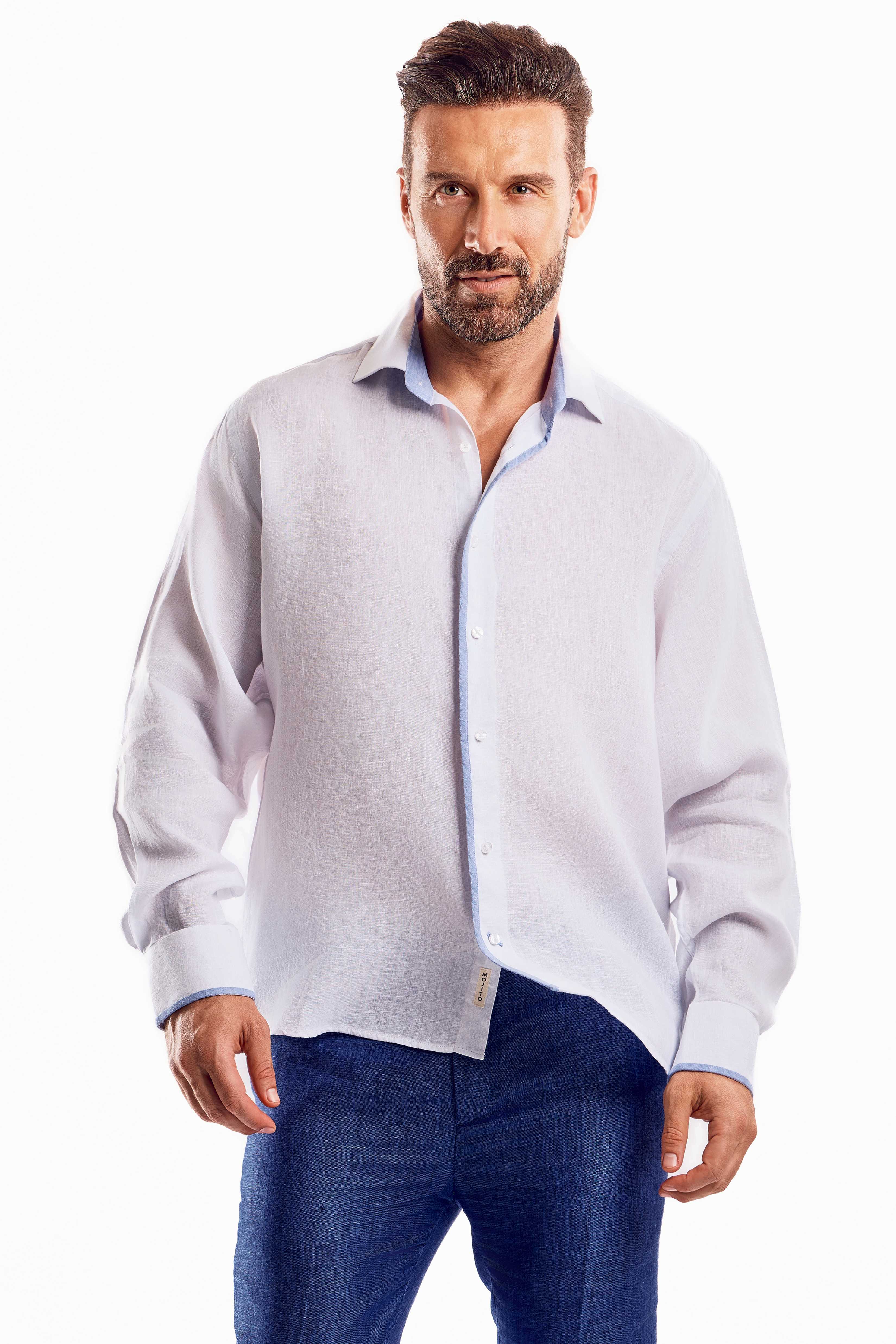 Camisa informal de lino 100 % con diseño de bloques multicolor y manga larga