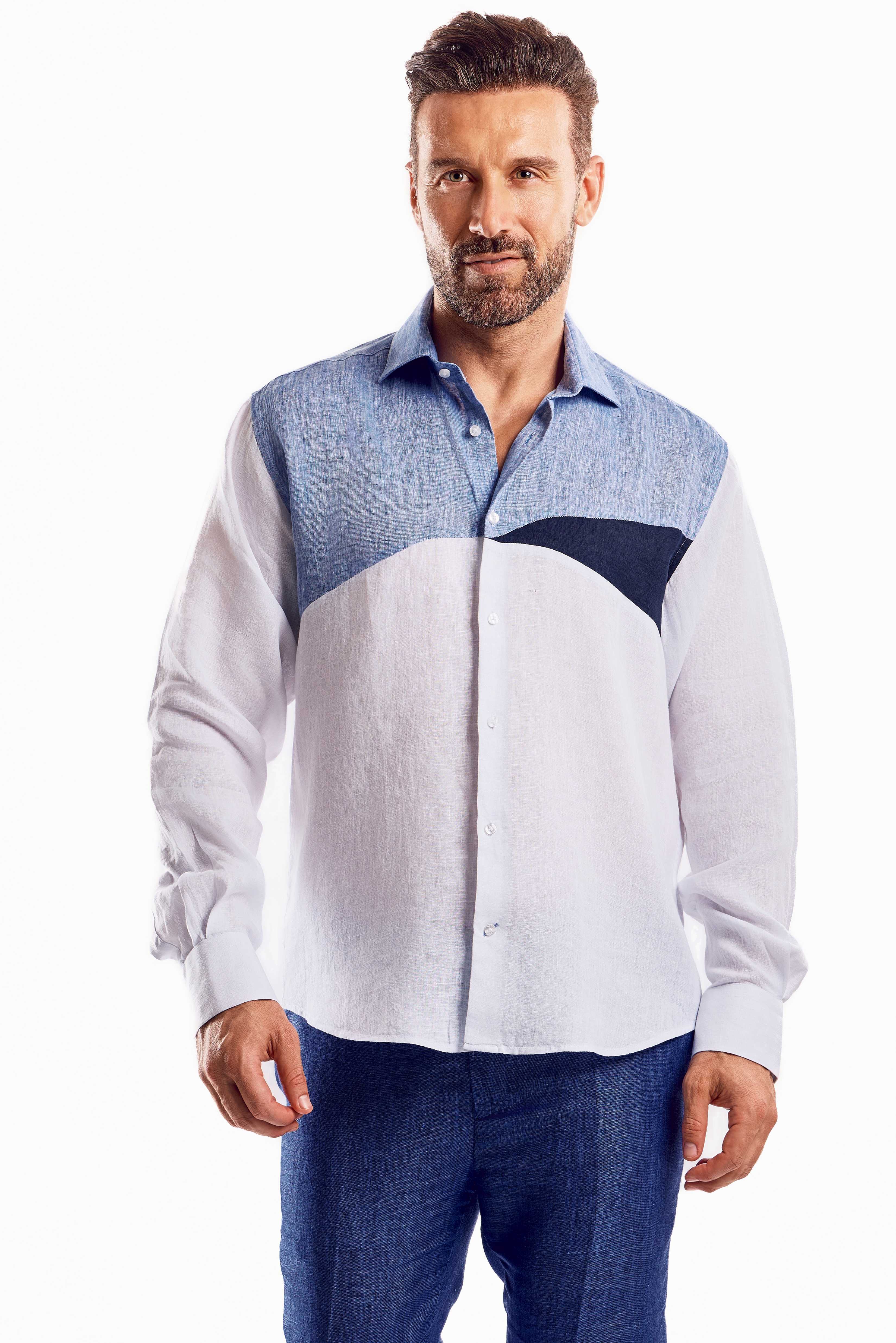 Camisa informal de lino 100 % con diseño de bloques multicolor y manga larga