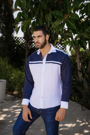 Camisa informal de lino 100 % con diseño de bloques multicolor y manga larga