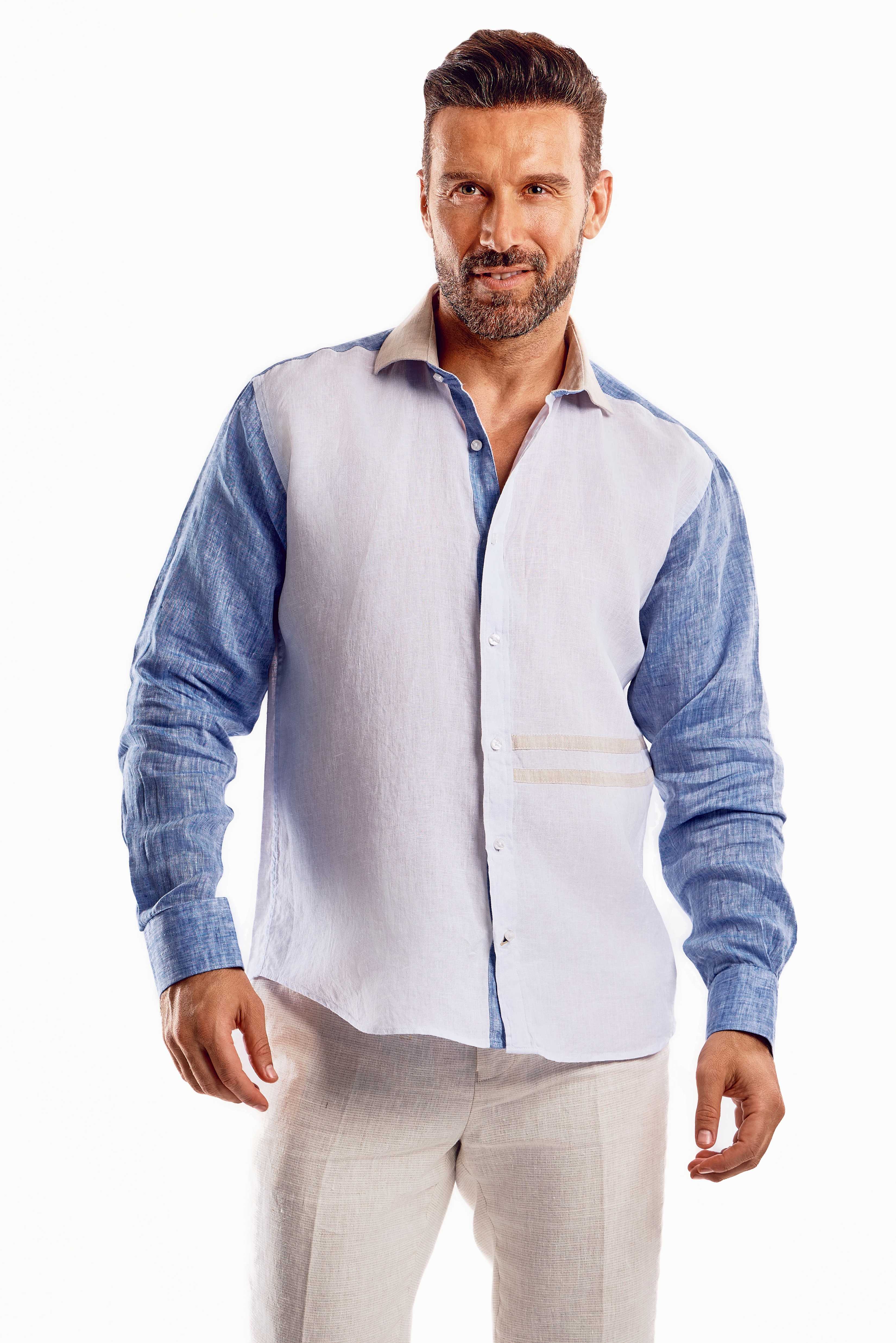 Camisa informal de lino 100 % con diseño de bloques multicolor y manga larga