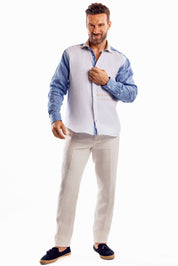 Camisa informal de lino 100 % con diseño de bloques multicolor y manga larga