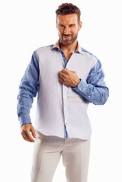 Camisa informal de lino 100 % con diseño de bloques multicolor y manga larga