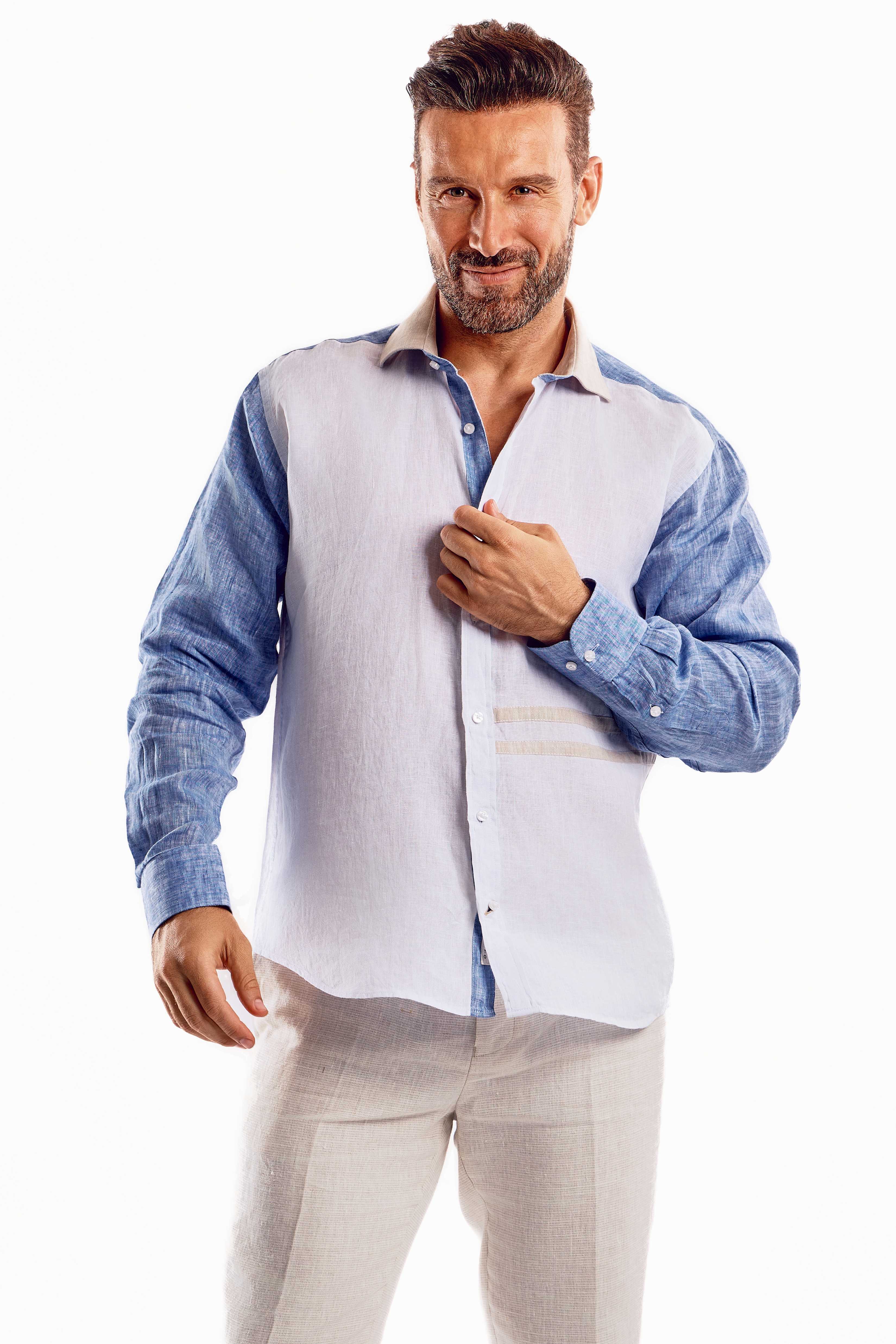 Camisa informal de lino 100 % con diseño de bloques multicolor y manga larga