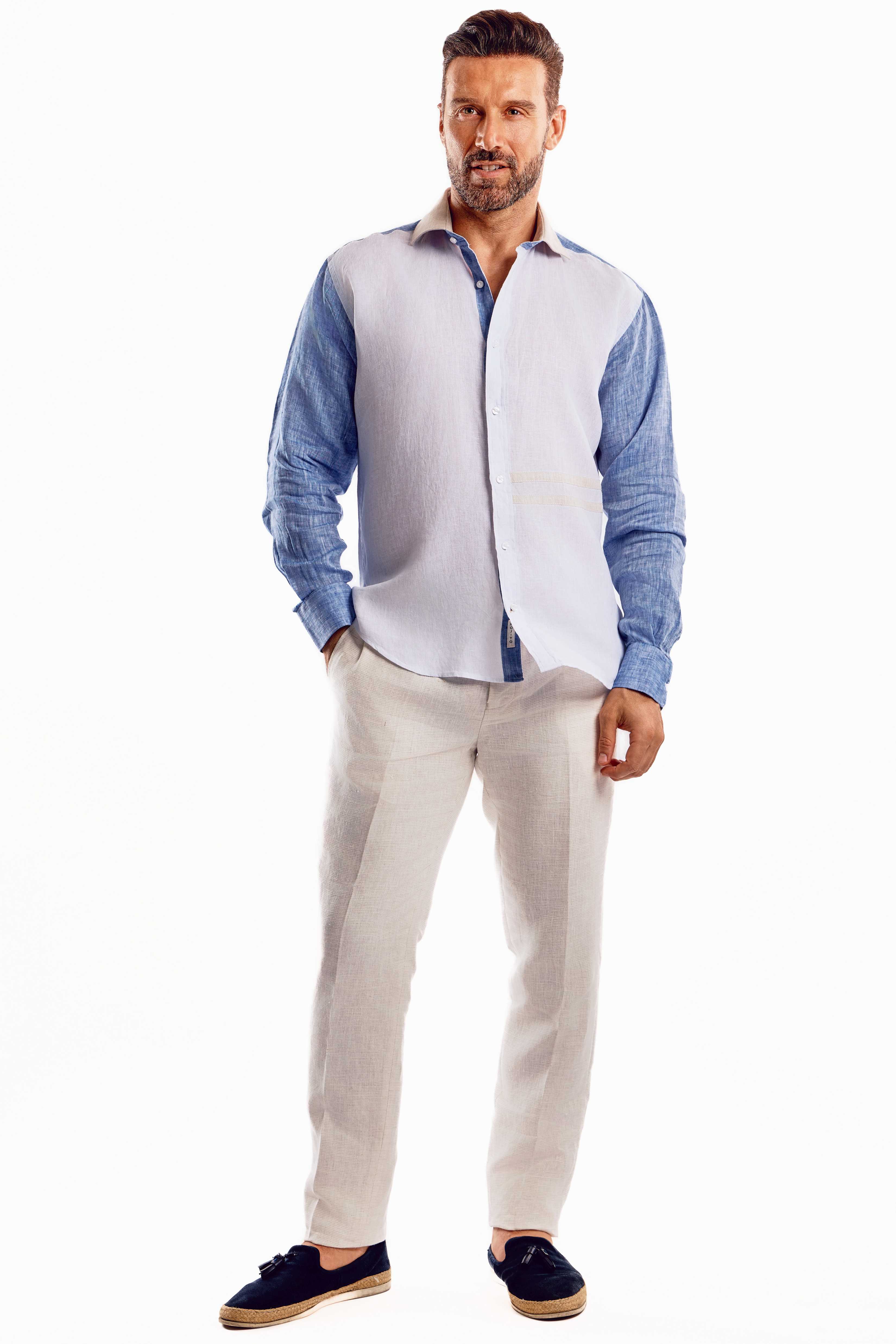 Camisa informal de lino 100 % con diseño de bloques multicolor y manga larga
