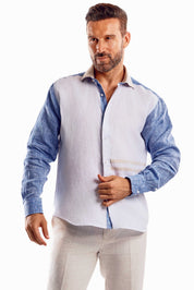 Camisa informal de lino 100 % con diseño de bloques multicolor y manga larga