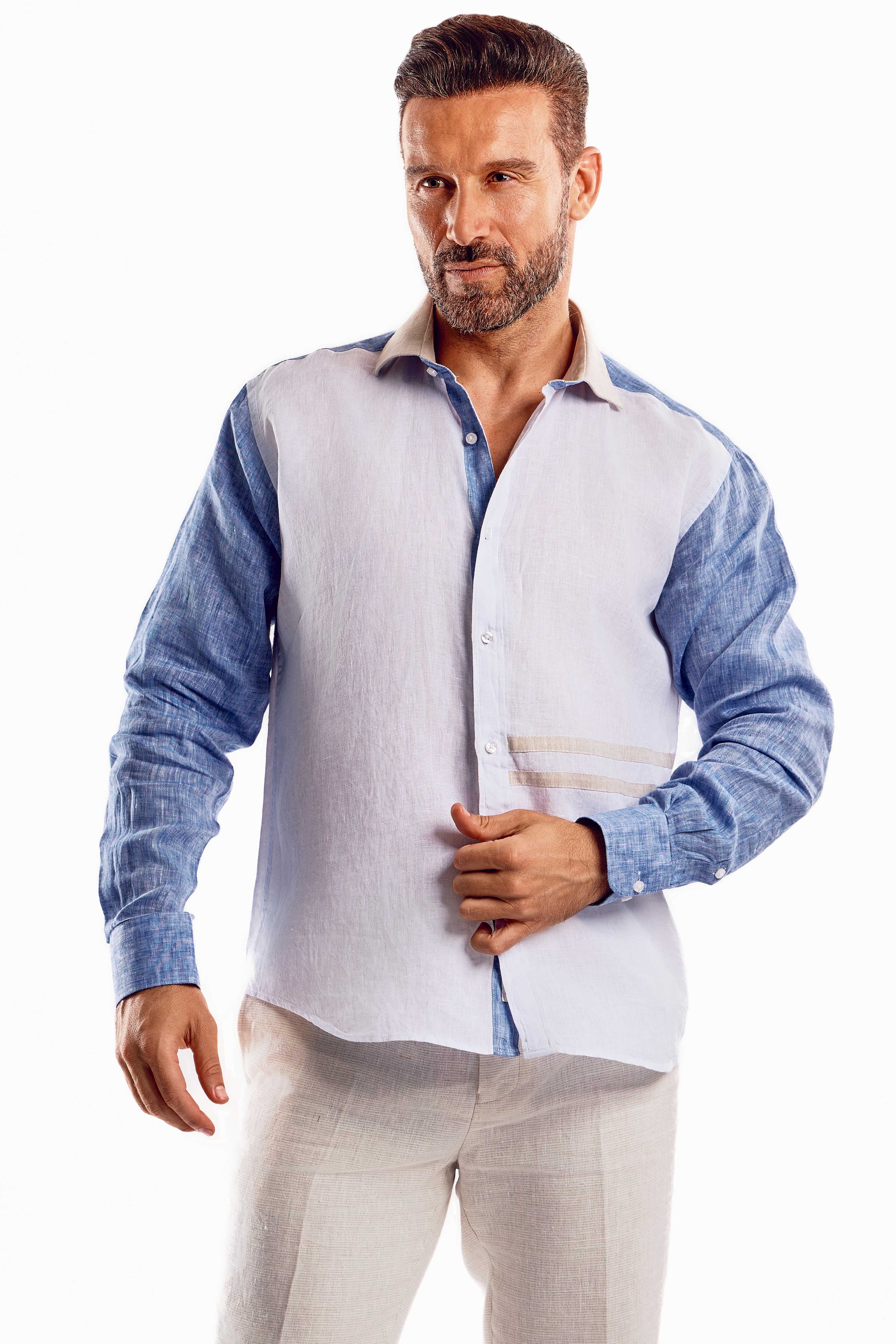 Camisa informal de lino 100 % con diseño de bloques multicolor y manga larga