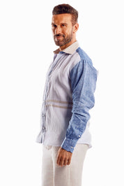 Camisa informal de lino 100 % con diseño de bloques multicolor y manga larga