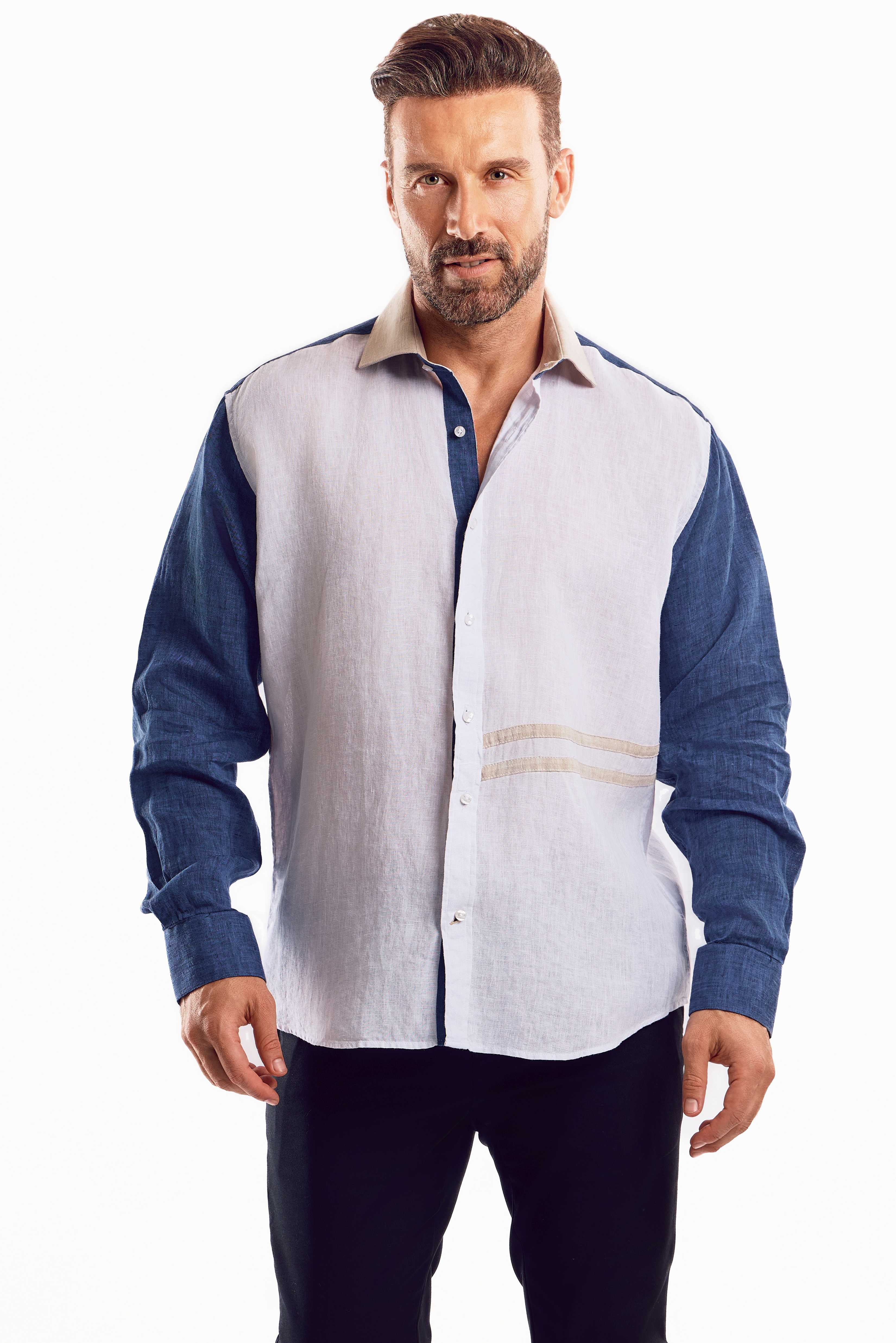 Camisa informal de lino 100 % con diseño de bloques multicolor y manga larga