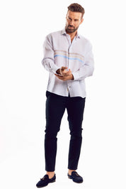 Camisa informal de lino 100 % con diseño de bloques multicolor y manga larga