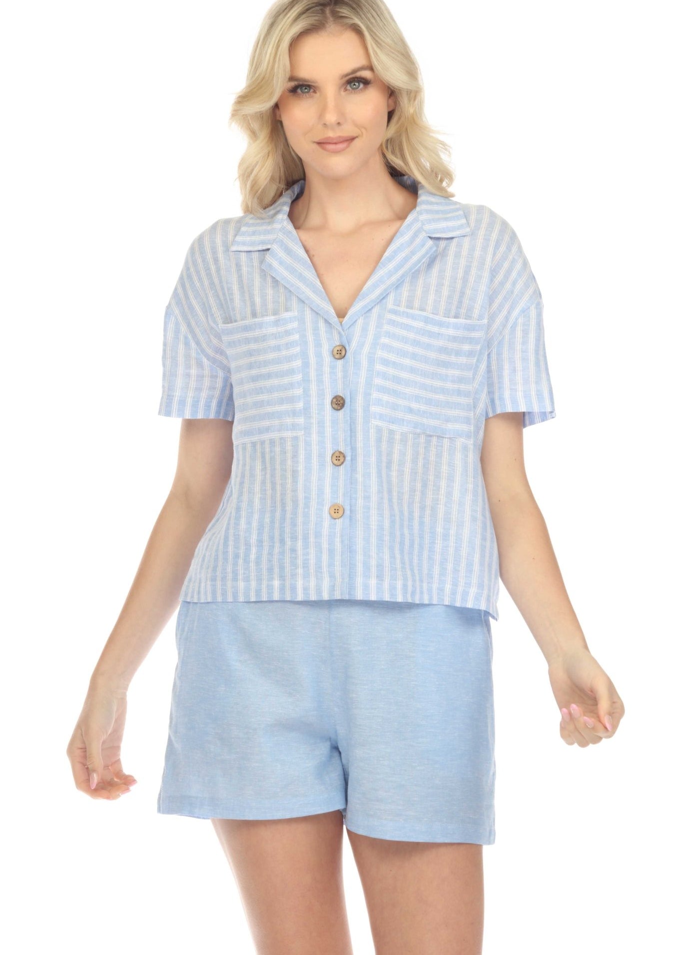 Women's Casual Resort Wear Stripe Print Linen Blend Button Down Camp Collar Short Sleeve Blouse
