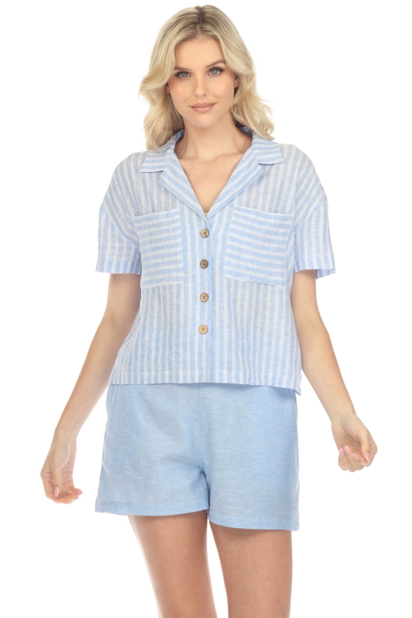 Blusa informal de lino con estampado de rayas y cuello alto, manga corta, abotonada y cuello alto para mujer