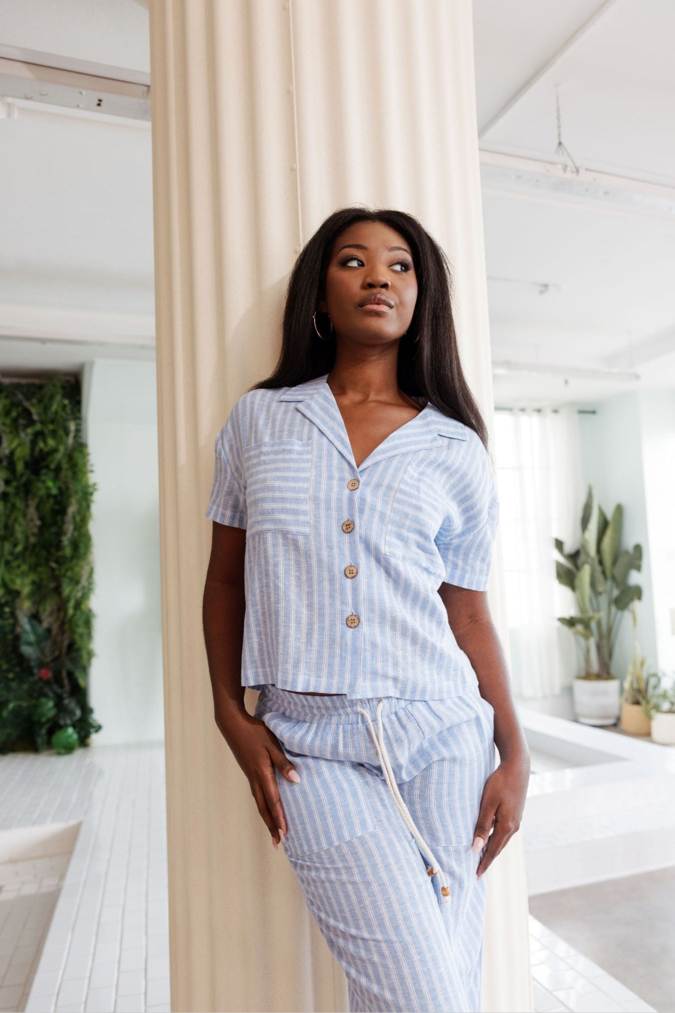 Mojito Women's Casual Resort Wear Stripe Print Linen Blend Button Down Camp Collar Short Sleeve Blouse