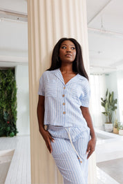 Mojito Women's Casual Resort Wear Stripe Print Linen Blend Button Down Camp Collar Short Sleeve Blouse