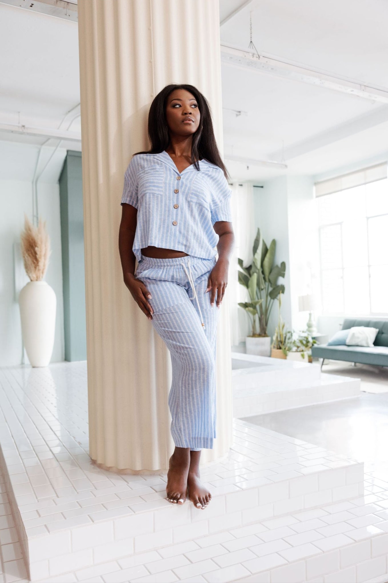 Mojito Women's Casual Resort Wear Stripe Print Linen Blend Button Down Camp Collar Short Sleeve Blouse