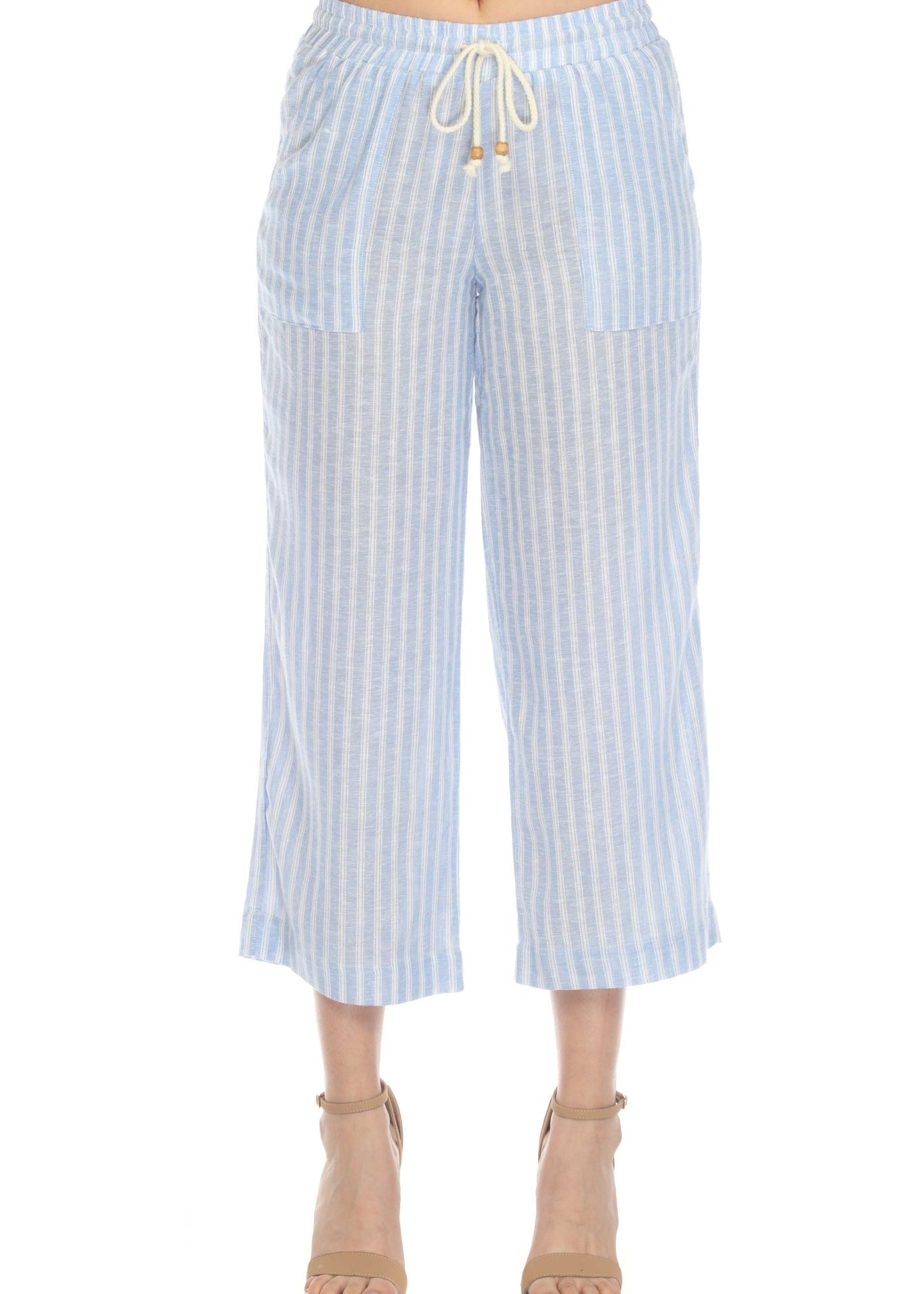 Women's Casual Beach Resort Wear Capri Pants Pinstripe Print with Drawstring Waist Linen Blend